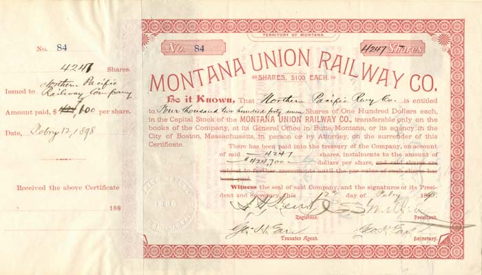 Montana Union Railway Co. signed by C.S. Mellen and Geo. H. Earl